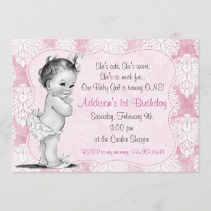 Vintage Baby Girl Chic Damast Geburtstagseinladung Einladung