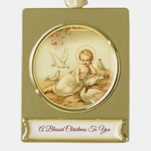 Vintage Baby Jesus mit Tauben Banner-Ornament Gold