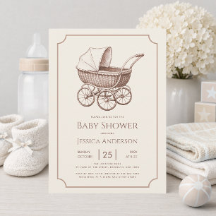 Vintage Baby-Kinderwagen Babyschubwagen Sepia Baby Einladung