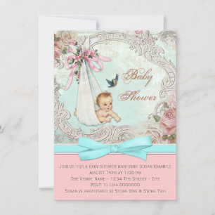 Vintage Baby-Party mit Rosa und Türkis Einladung