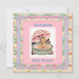 Vintage-Baby-Party Rosa Blau Einladung