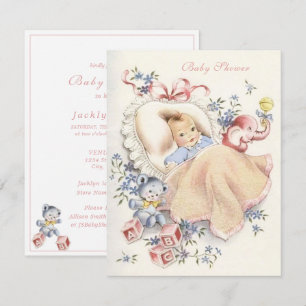 Vintage-Baby-Party rosa Elefant blauer Bär Einladung