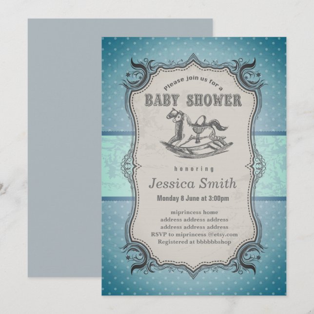 Vintage BABY SHOWER Einladung - Rockpferd (Vorne/Hinten)