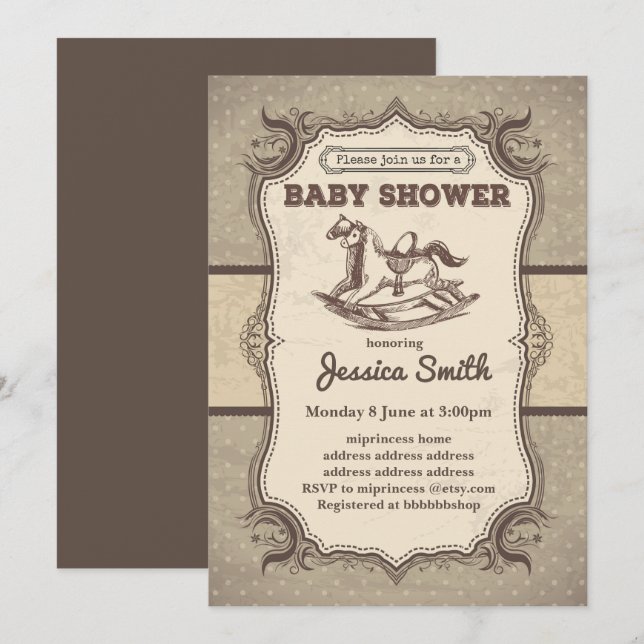 Vintage BABY SHOWER Einladung - Rockpferd (Vorne/Hinten)