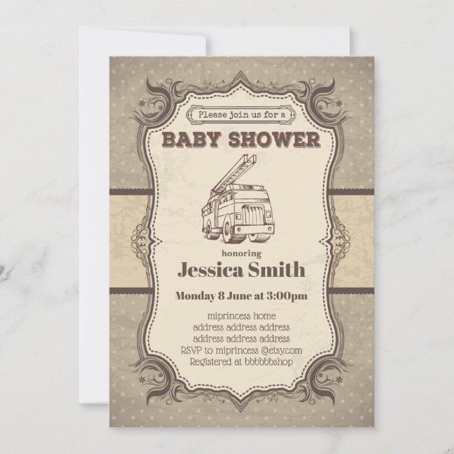 Vintage BABY SHOWER Einladung - Spielzeugfeuerwage (Vorderseite)