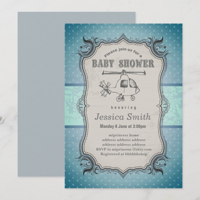 Vintage BABY SHOWER Einladung - Spielzeughubschrau (Vorne/Hinten)