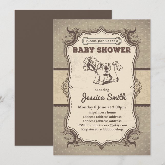 Vintage BABY SHOWER Einladung - Spielzeugpferd (Vorne/Hinten)