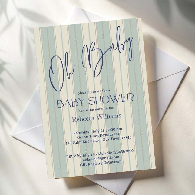 Vintage Babydusche mit dunkelblauen Retrostreifen Einladung (Dusty blue retro stripes vintage baby shower invitation cards template simple modern invitations)