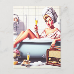 Vintage-Badezimmer-Pin-Up Postkarte