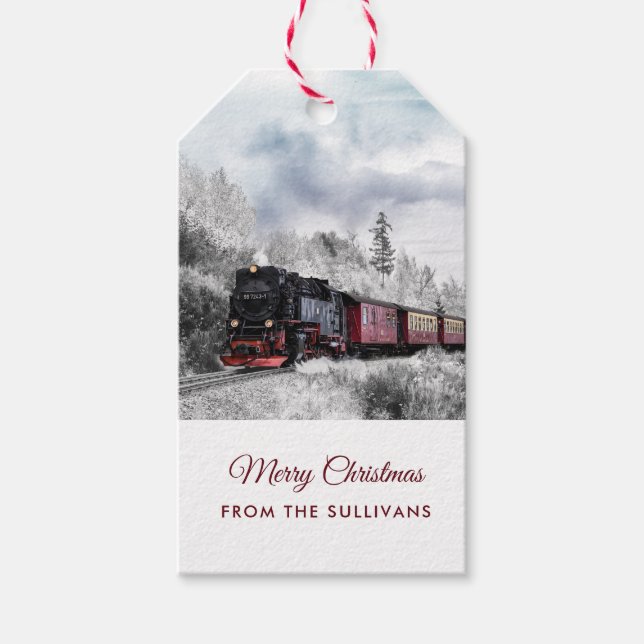 Vintage Bahn Winterweihnachtszene Geschenkanhänger (Vorderseite)
