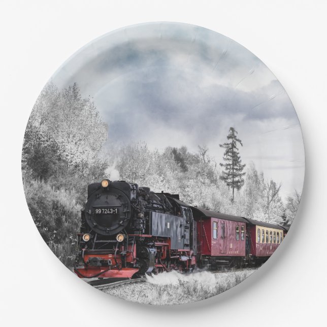 Vintage Bahn Winterweihnachtszene Pappteller (Vorderseite)