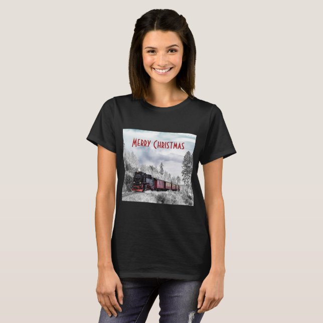 Vintage Bahn Winterweihnachtszene T-Shirt (Vorne ganz)