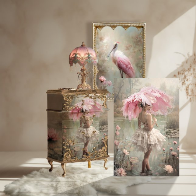 Vintage Ballerina, Feathers & Lace, Lotus Lake Seidenpapier (Vintage Ballerina, Light Dusty Colours, Pink Highlights, Feathered Parasol, Elegant Lady Standing.)