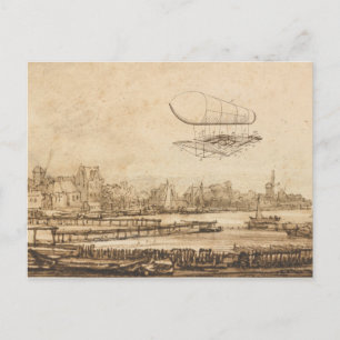 Vintage Ballon-Flugmaschine-Kunstzeichnung Postkarte