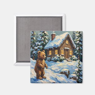 Vintage Bärenjunges an schneebedeckter Weihnachtst Magnet