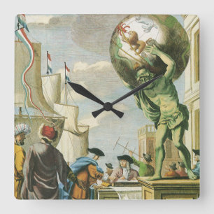 Vintage Barock-Ära-Atlas-Frontispiz-Weltkugel Quadratische Wanduhr
