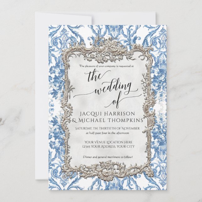 Vintage Barockblumenblauer Silberhochzeit Einladung (Vorderseite)