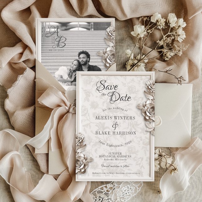 Vintage Barockblumenmonogramm-Foto-Hochzeit Save The Date (Baroque plaster floral frame Gilded age vintage Old Money theme elegant photo wedding Save the Date)