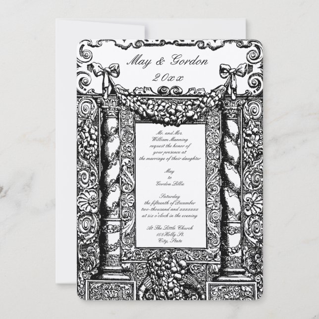 Vintage barocke Solomonische Säulenrahmen-Hochzeit Einladung (Vorderseite)