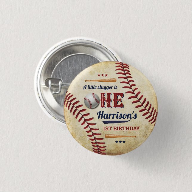 Vintage Baseball Boys 1. Geburtstag Button (Vorne & Hinten)