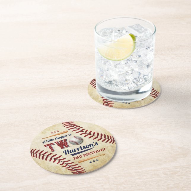 Vintage Baseball Boys 2. Geburtstag Runder Pappuntersetzer (Vor Ort)