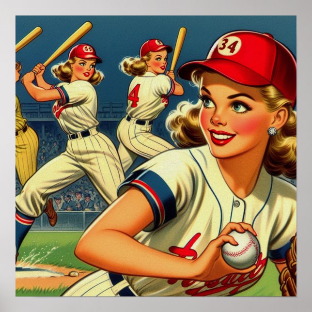 Vintage Baseball-Girls-Illustration Poster (Vorne)