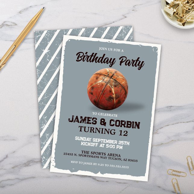 Vintage Basketball-Dualgeburtsparty Einladung (Modern vintage basketball theme double birthday party invitation or boy birthday party invites)