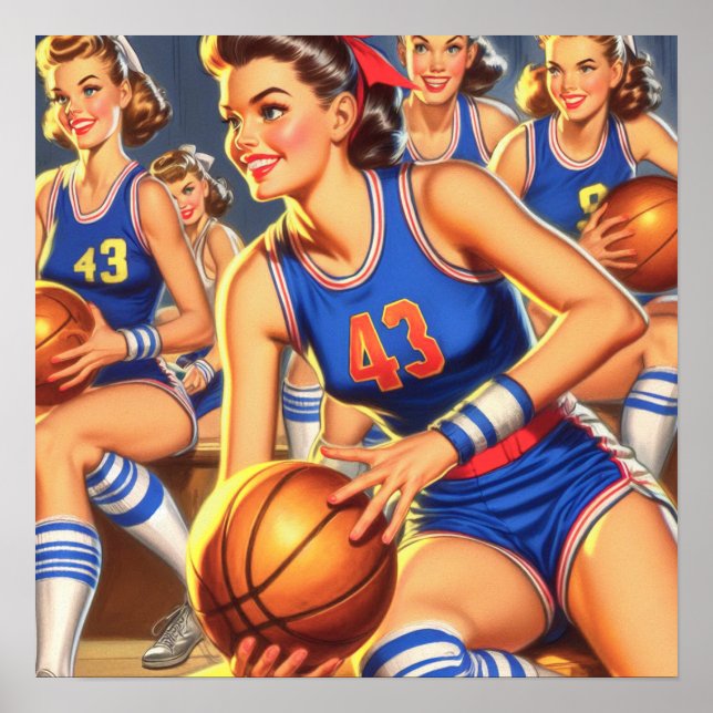 Vintage Basketball-Girls-Illustration Poster (Vorne)