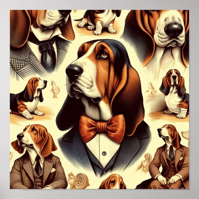Vintage Basset Hound Illustration Poster (Vorne)