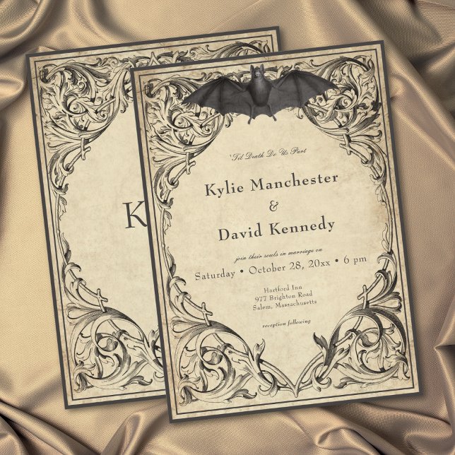 Vintage Bat Until Death Black Parchment Wedding Einladung (Vintage Bat Until Death Black Parchment Wedding Invitation)
