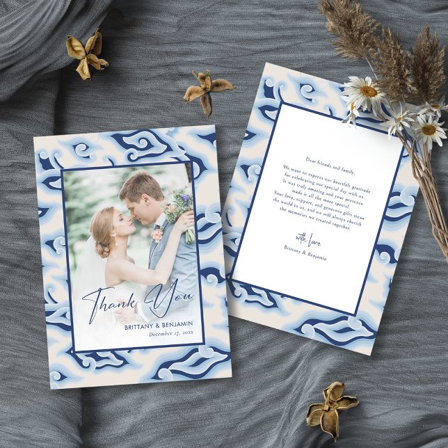 Vintage Batik Mariage Carte de remerciements Photo (Personalized Unique and Stylish Vintage Wedding Thank You Card)