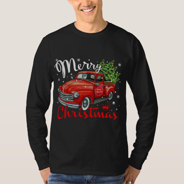 Vintage Bauernhöfe Roter LKW Weihnachtsbaum T-Shirt (Vorderseite)
