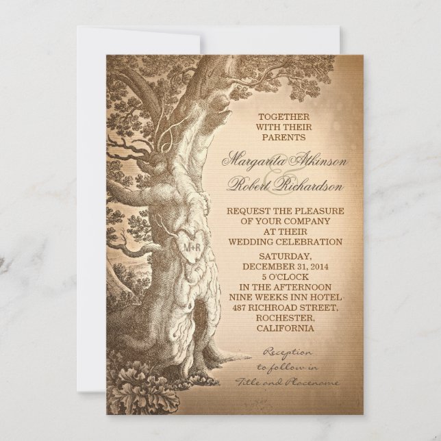 Vintage Baum alte rustikale Hochzeitseinladungen Einladung (Vorderseite)