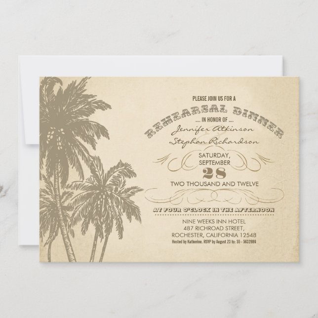vintage beach palms répétition dîner invitations (Devant)