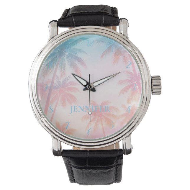 Vintage Beach Sunset Palm Trees Pastel             Armbanduhr (Vorderseite)