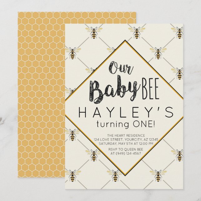 Vintage Bee Baby Bee 1. Geburtstag Einladung (Vorne/Hinten)