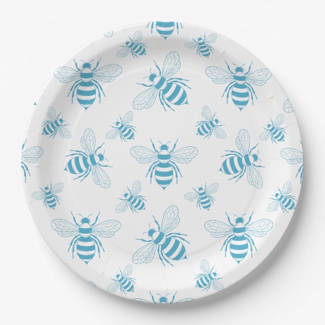 Vintage Bee Botanical Blau (1) Pappteller (Vorderseite)