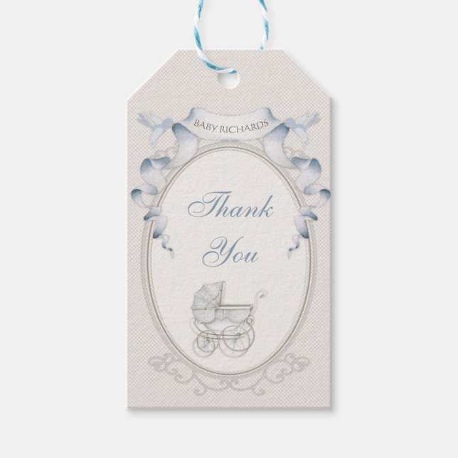 Vintage Beförderung Ivory Gingham Blue Birds Geschenkanhänger (Vorderseite)