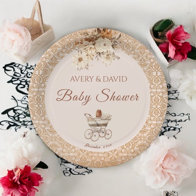 Vintage Beige Classic Gender Neutral Baby Dusche Pappteller (Von Creator hochgeladen)