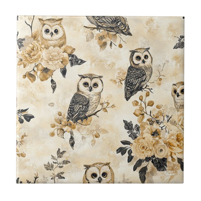 Vintage Beige Eulen-Botanik-Waldmuster Fliese (Vorderseite)