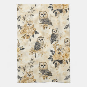 Vintage Beige Eulen-Botanik-Waldmuster Geschirrtuch