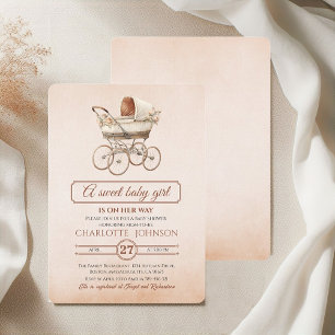 Vintage Beige Floral Baby Carriage Baby Dusche Einladung