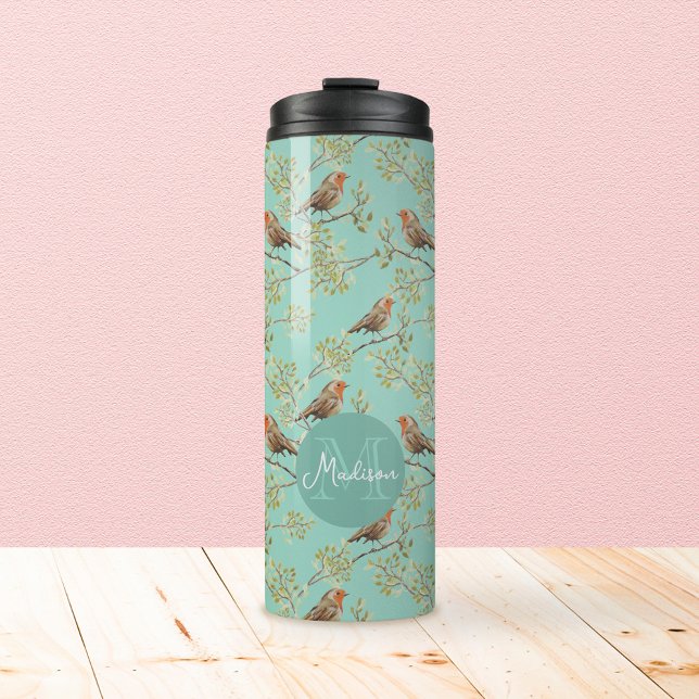 Vintage bemaltes Rotkehlchen-Muster Thermosbecher (Vintage Red Robin Pattern & Custom Monogram Tumbler)