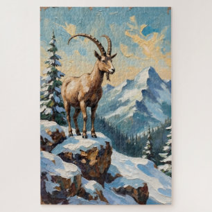 Vintage Bergziege auf bereiftem Weihnachtsgrat