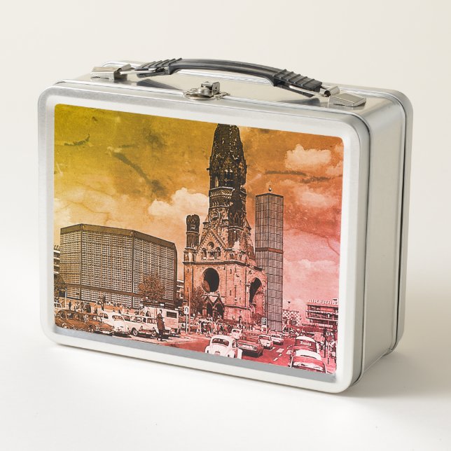 Vintage Berliner Kaiser-Wilhelm-Gedächtniskirche Metall Brotdose (Vorderseite)