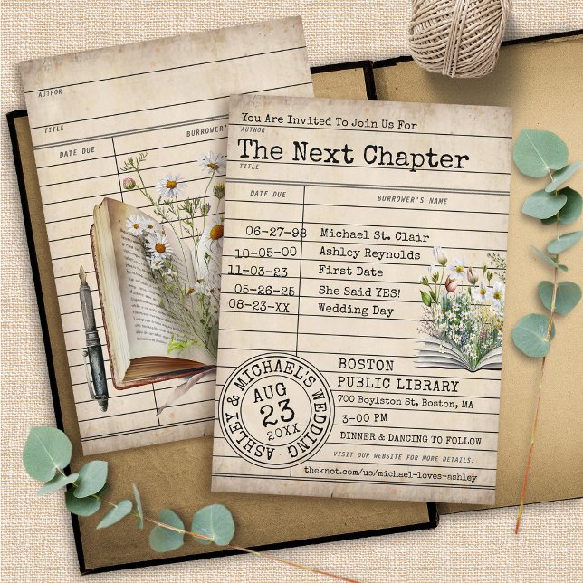 Vintage Bibliothekskartenbücher für Hochzeitsfeier Einladung (Vintage rustic watercolor floral book library card reading literary elegant wedding invitation  )
