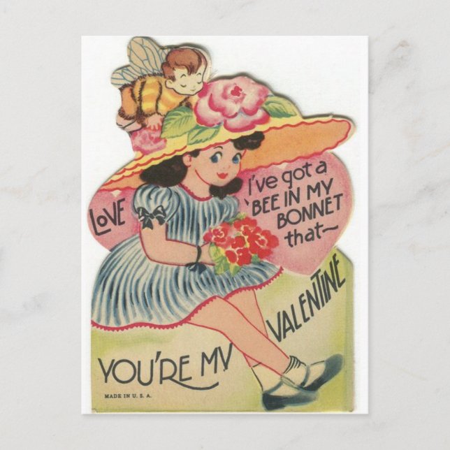 Vintage Biene in ihrem Bonnet Valentine Postkarte (Vorderseite)