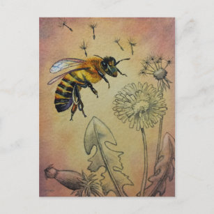 Vintage Biene Nr. 4 Dandelion Wasserfarben Kunst Postkarte