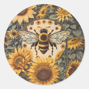 Vintage Biene und Sonnenblumen  Runder Aufkleber