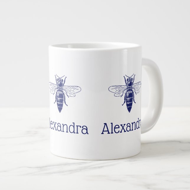 Vintage Biene Zeichne in Blau Jumbo-Tasse (Vorderseite Rechts)